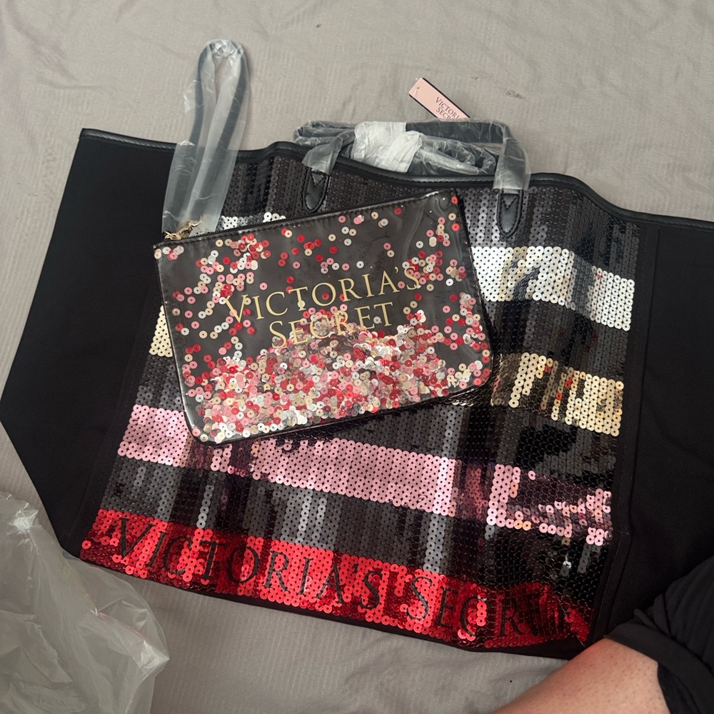 Victoria's Secret Black, White, and Pink Sequin Tote
